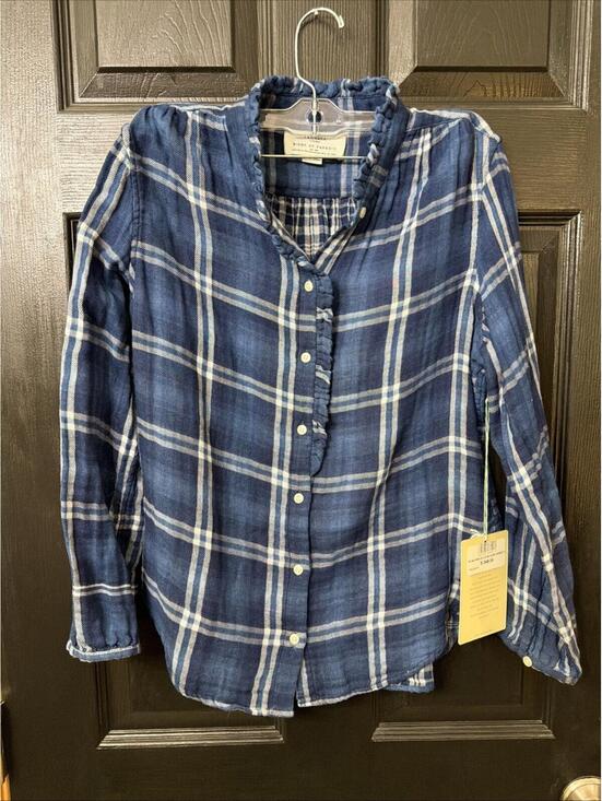 Trovata Tops - Trovata Birds of Paradise Blue Plaid Button Down Shirt Sz XS Ruffle Trim New